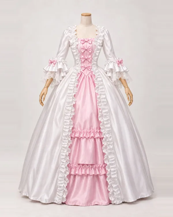 Bijou Rosé — White Satin-Look Gown with Pink Bow Bodice and Ruffled Front