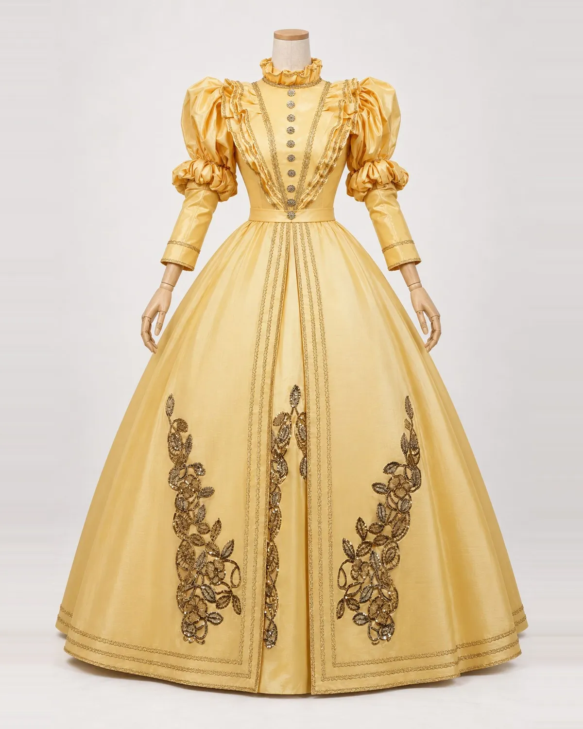 Laurier Royal — Golden Sheen Ball Gown with Ornamental Vines — shown on a mannequin, front product view