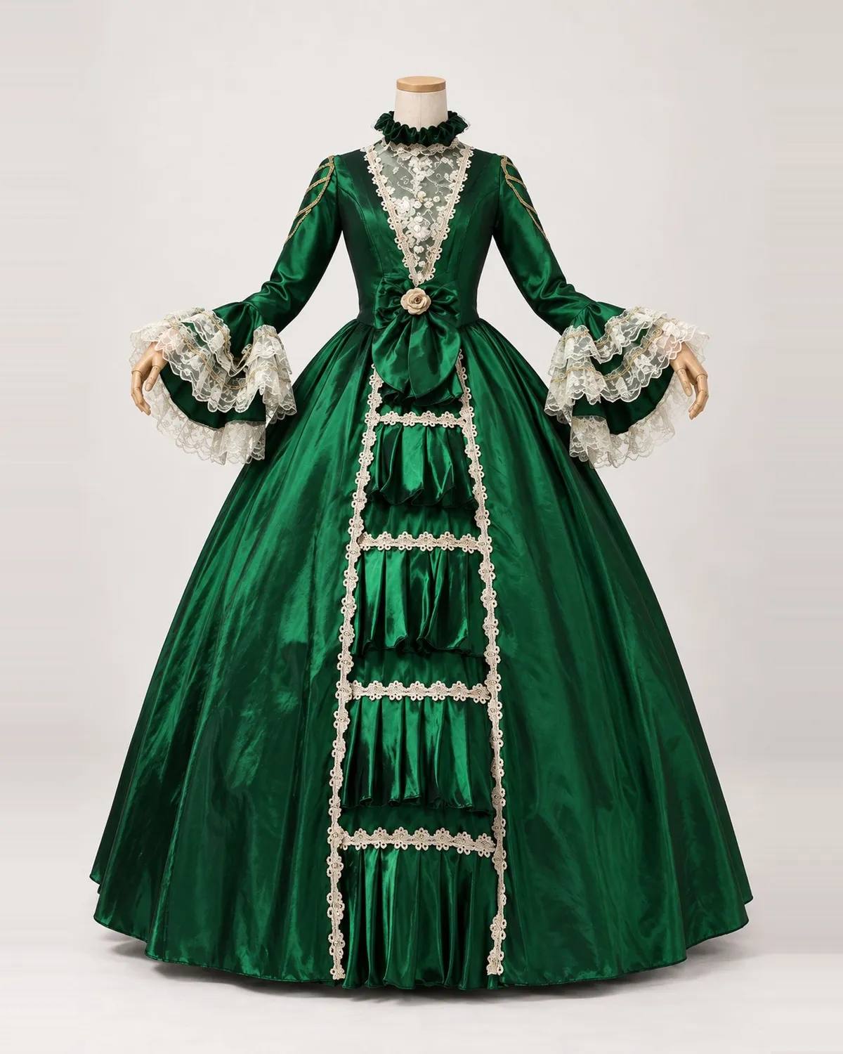 Sylvie Émeraude — Emerald Satin-Look Gown with Lace Bib — shown on a mannequin, front product view