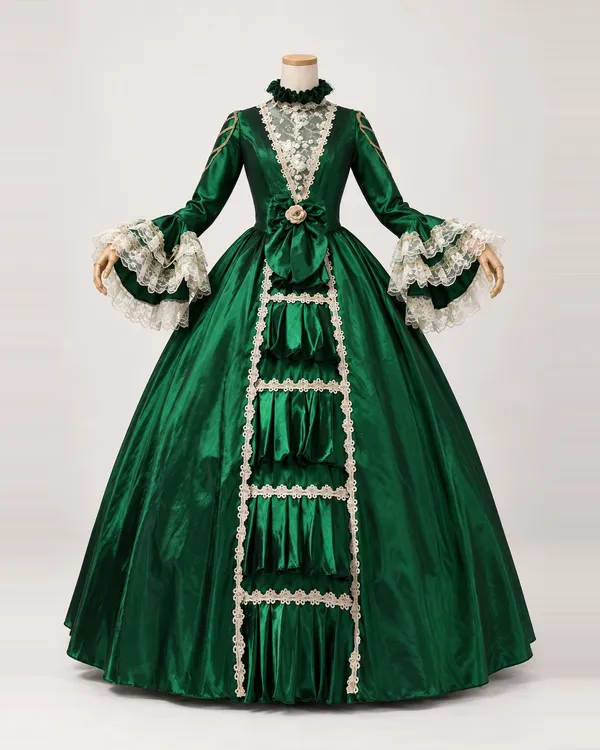 Sylvie Émeraude — Emerald Satin-Look Gown with Lace Bib