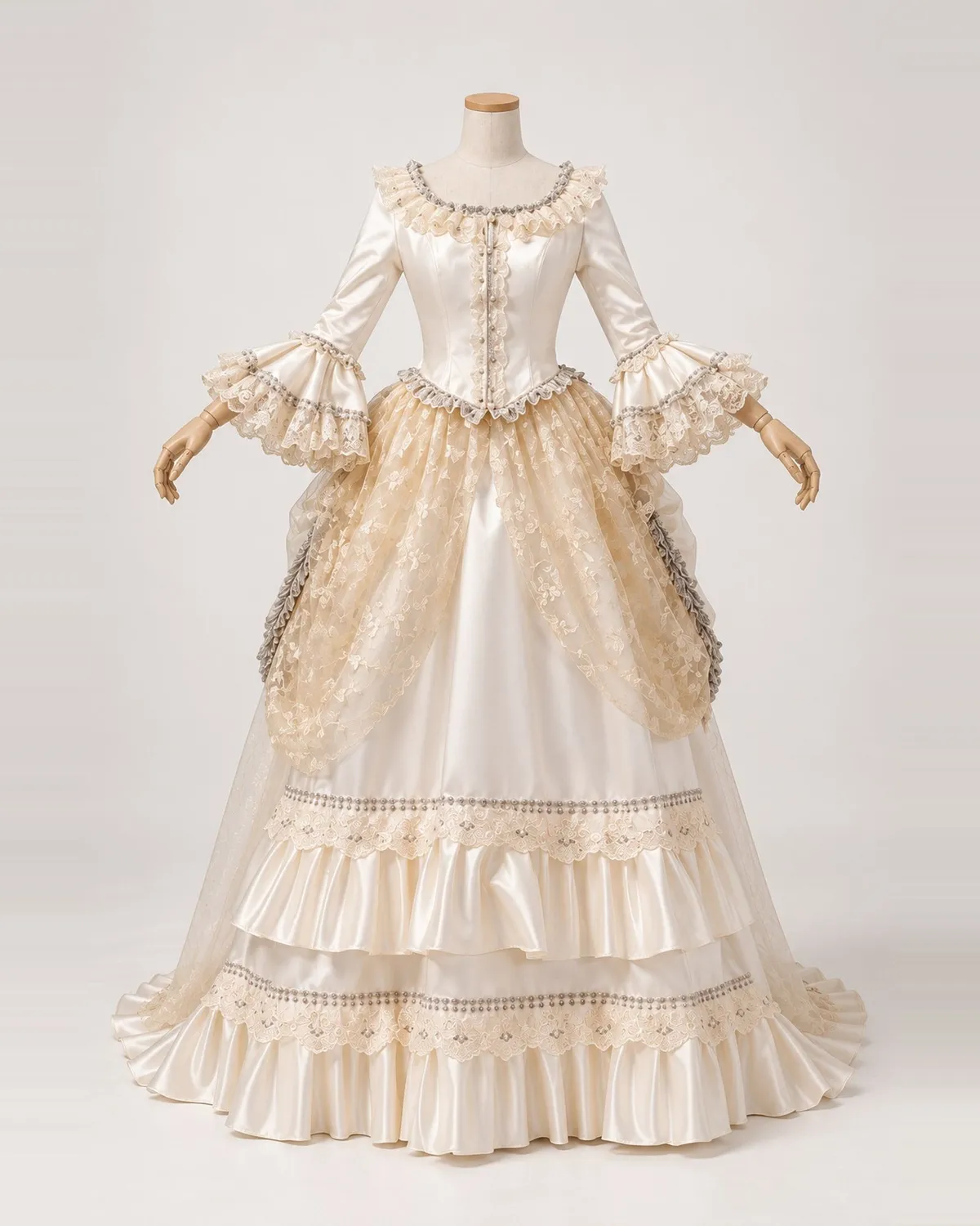 Agnès Voilée — Cream Satin-Look Gown with Champagne Lace Swags — shown on a mannequin, front product view