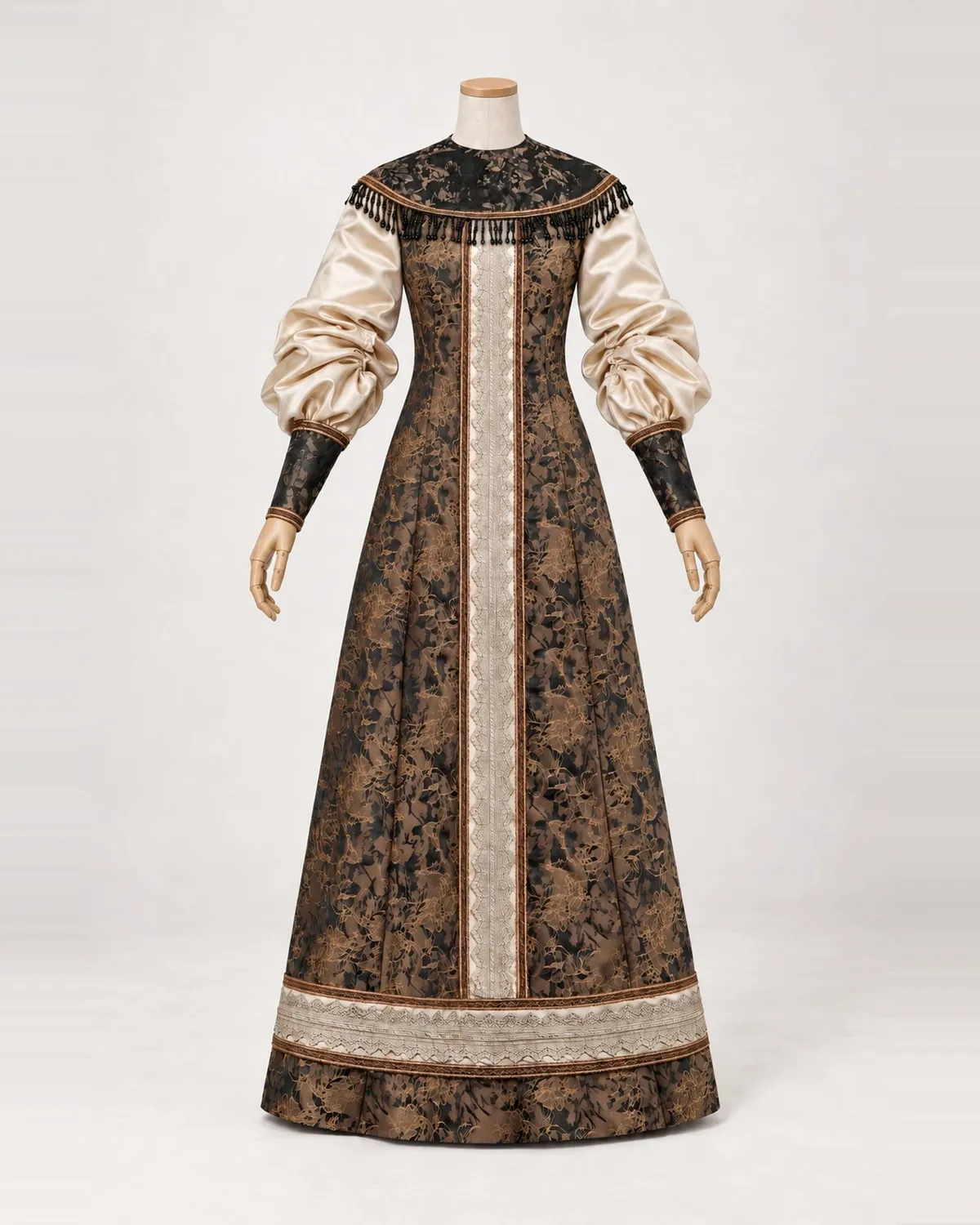 Sépia Majesté — Brown Floral Gown with Champagne Sleeves — shown on a mannequin, front product view