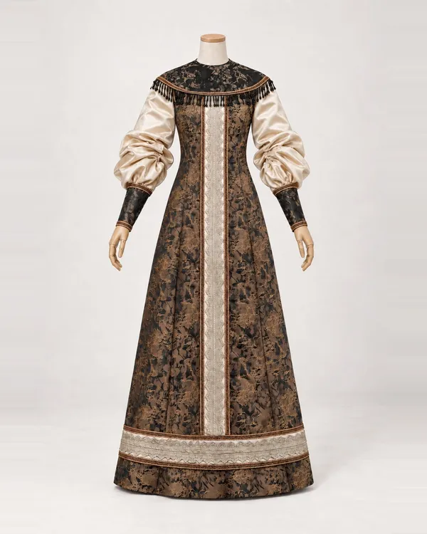 Sépia Majesté — Brown Floral Gown with Champagne Sleeves
