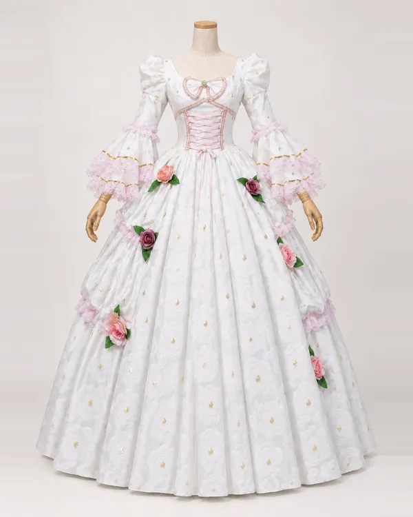 Roseraie Enchantée — White Floral Gown with Pink Lacing and Roses