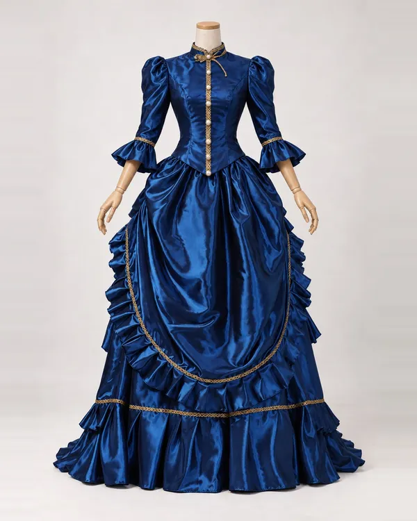 Saphir Nocturne — Deep Blue Satin-Look Gown with Gold-Edged Draping