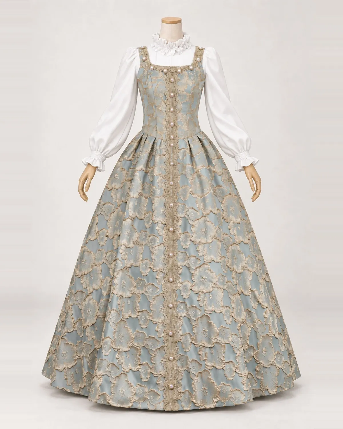 Juliette Céleste powder blue jacquard overgown on a mannequin, front product view