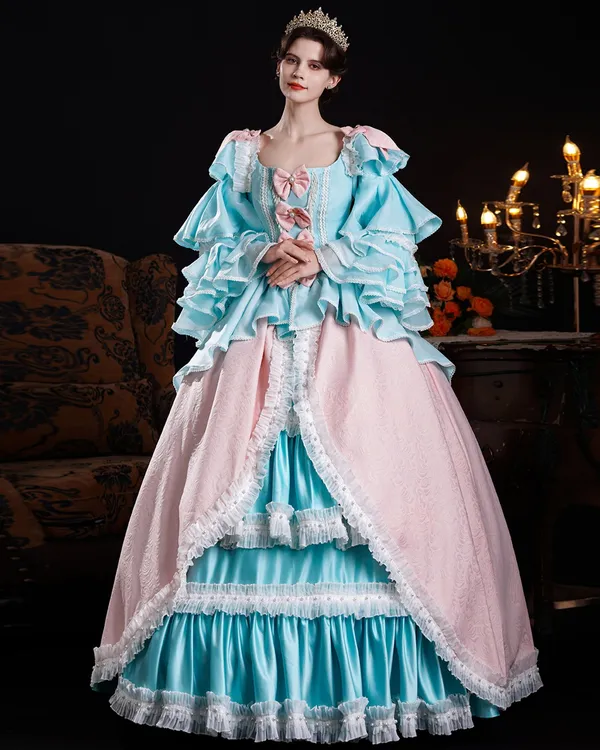 Aurore Pastel — Pink & Aqua Rococo Ball Gown with Tiered Lace