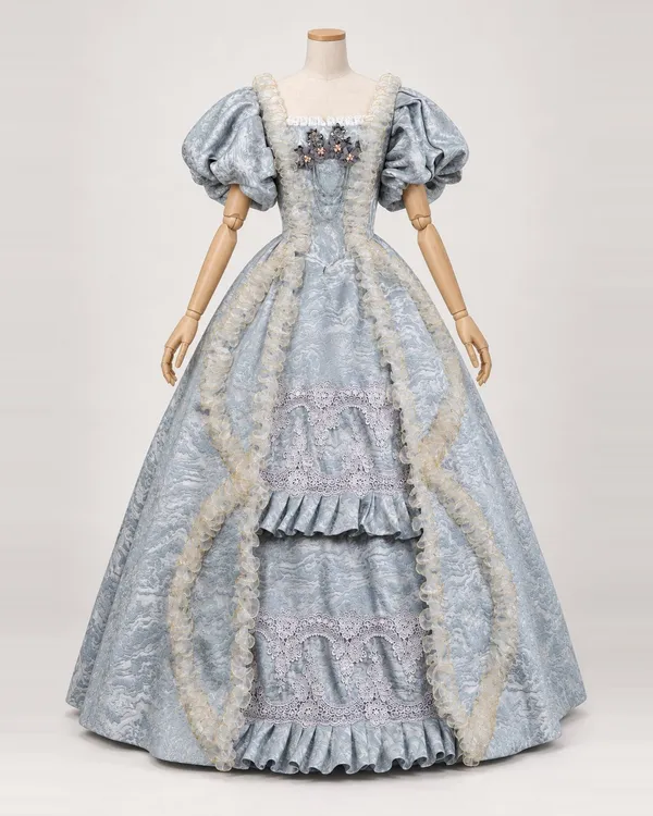 Brume Ciselée — Silver Blue Patterned Gown with Ruffled Front
