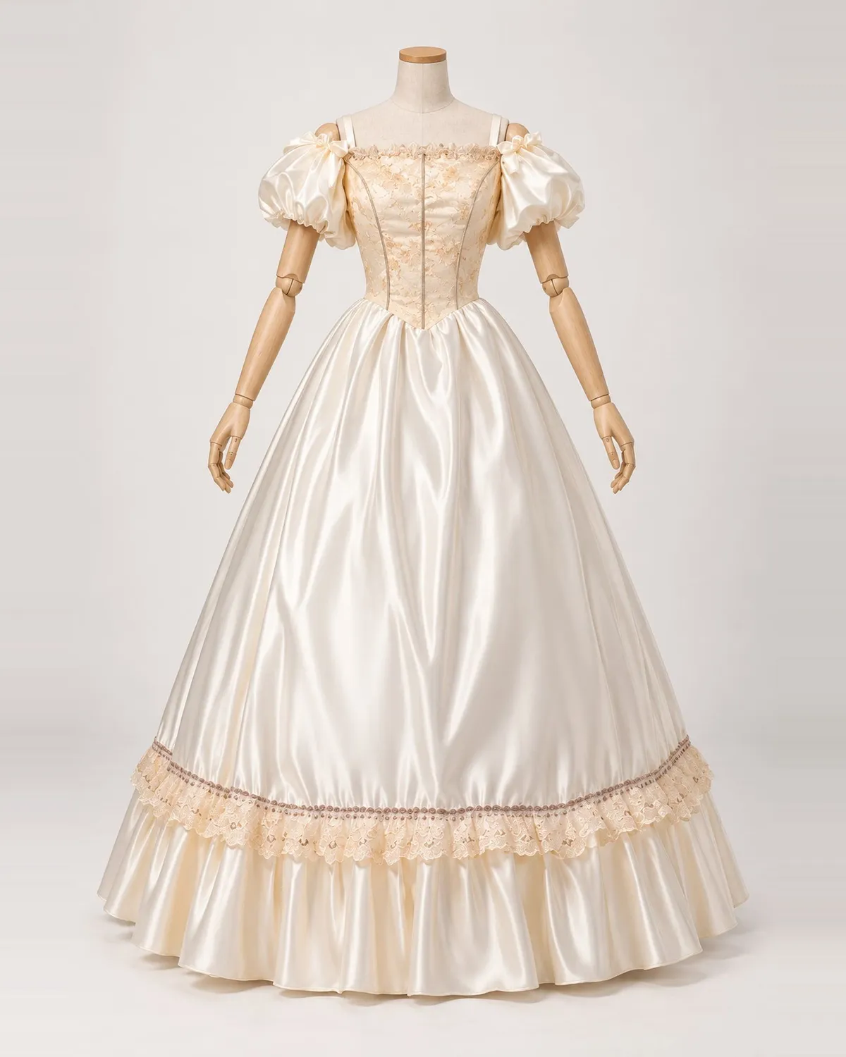 Camille Ambrée — Ivory Satin-Look Gown with Champagne Floral Bodice — shown on a mannequin, front product view