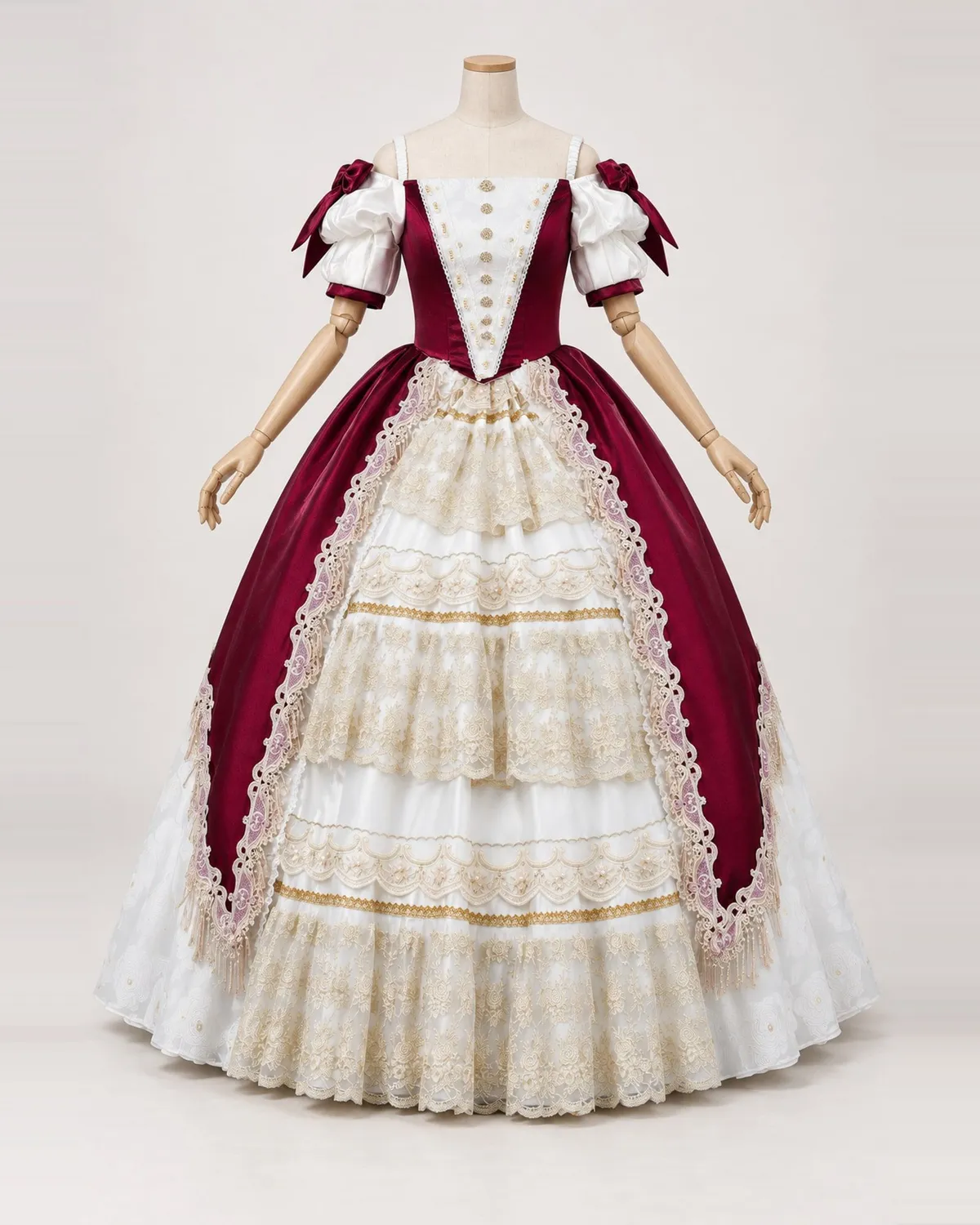 Grenat Duchesse — Wine Red and White Ball Gown with Gold Lace — shown on a mannequin, front product view