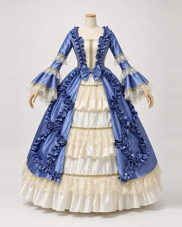 Saphir Galant — Blue Satin-Look Overgown with Cream Lace Tiers
