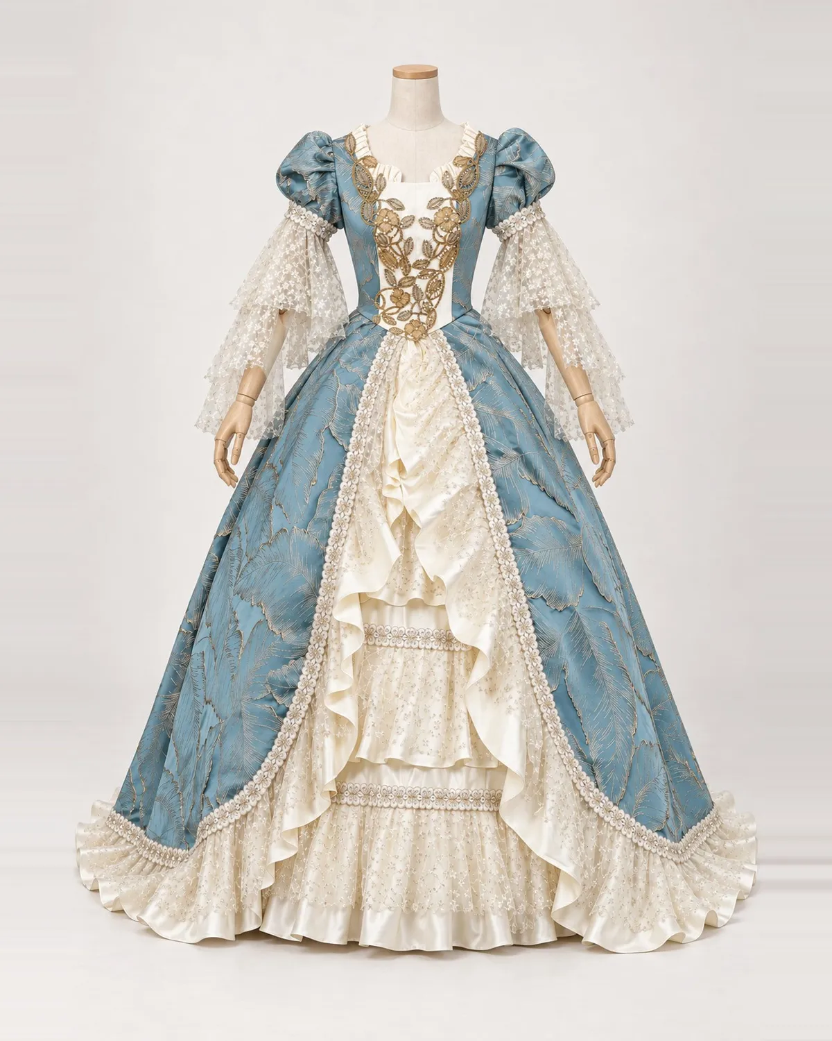 Comtesse d'Azur blue jacquard and cream ruffle gown on a mannequin, front product view