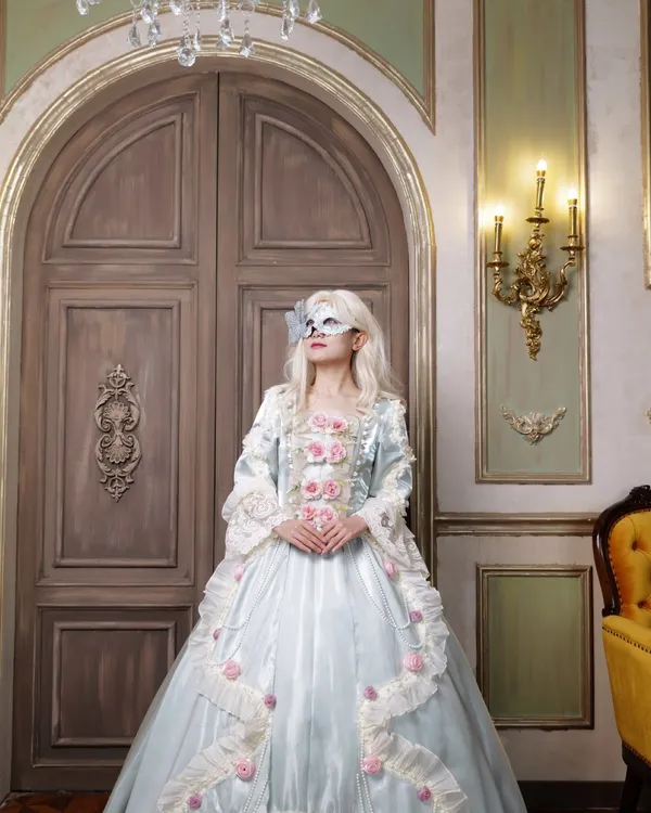 Rose Antoinette — Ice Blue Rococo Gown with Pink Roses & Pearls