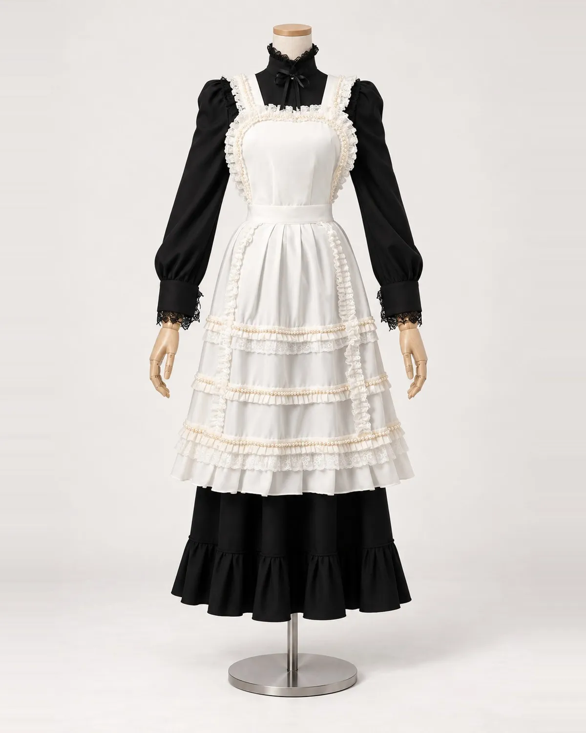 Dentelle de Minuit — Black Long-Sleeve Dress with White Lace Apron Front — shown on a mannequin, front product view