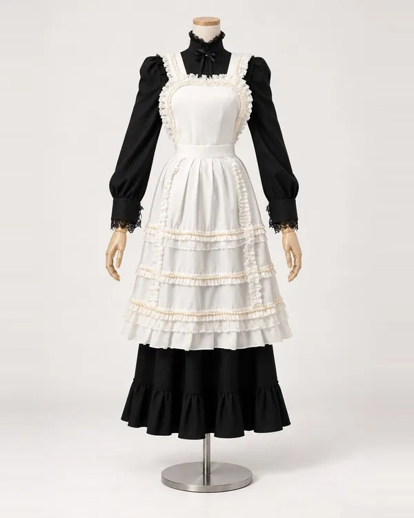 Dentelle de Minuit — Black Long-Sleeve Dress with White Lace Apron Front