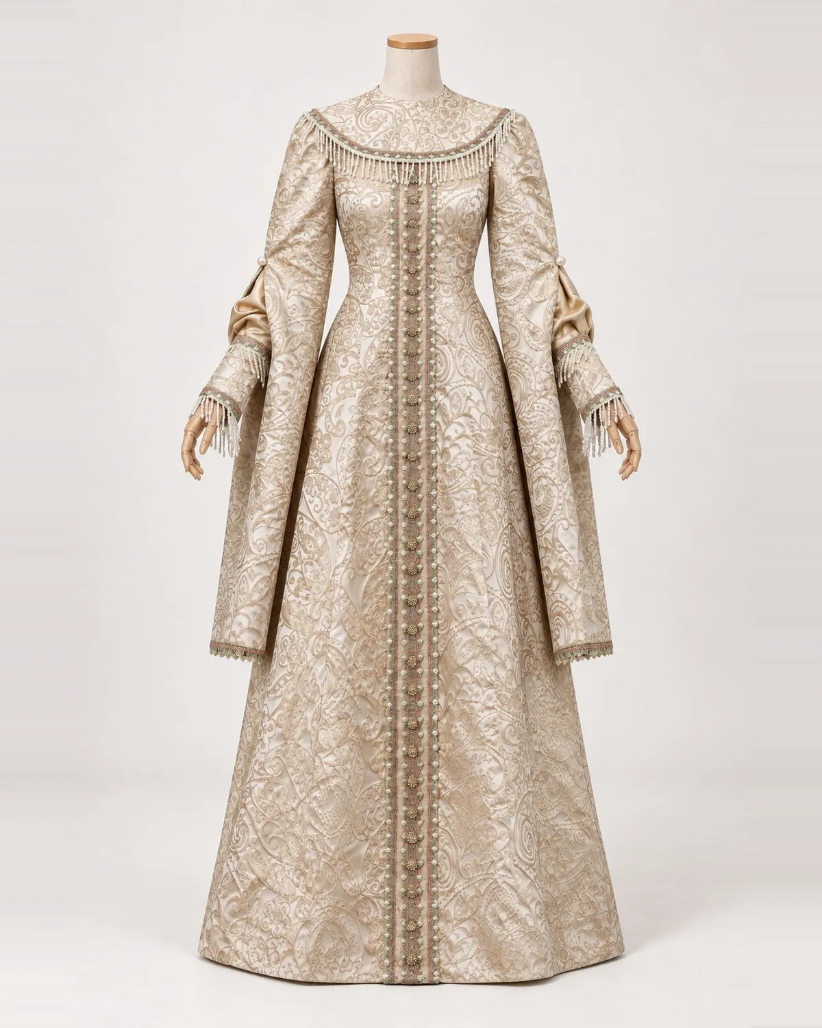 Aliénor Dorée — Cream and Gold Scroll Gown with Hanging Sleeves — shown on a mannequin, front product view
