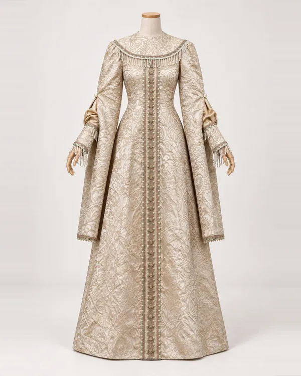 Aliénor Dorée — Cream and Gold Scroll Gown with Hanging Sleeves
