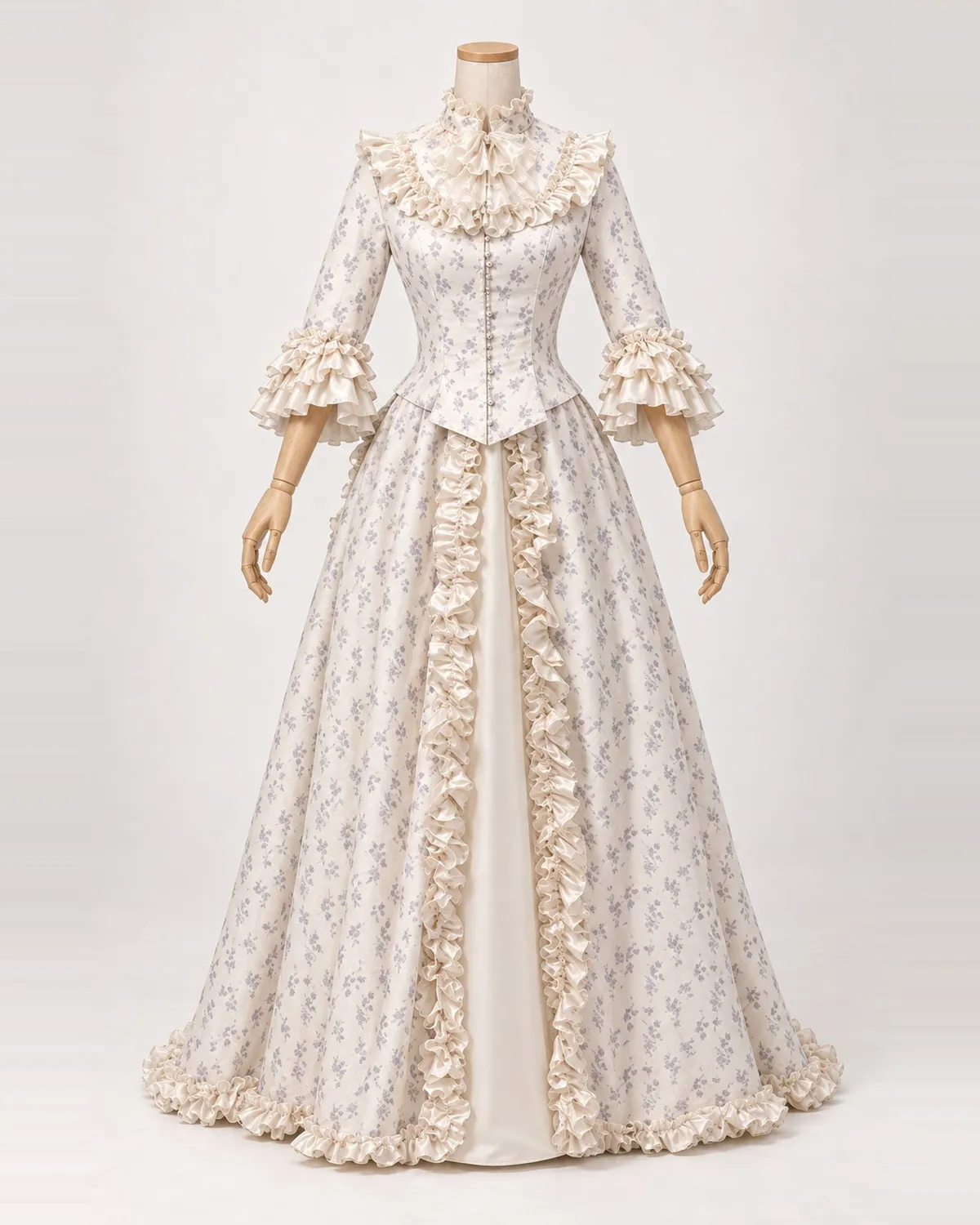 Lilas Héritage — Cream Floral-Sprig Gown with Ruffled High Neck and Cuffs — shown on a mannequin, front product view