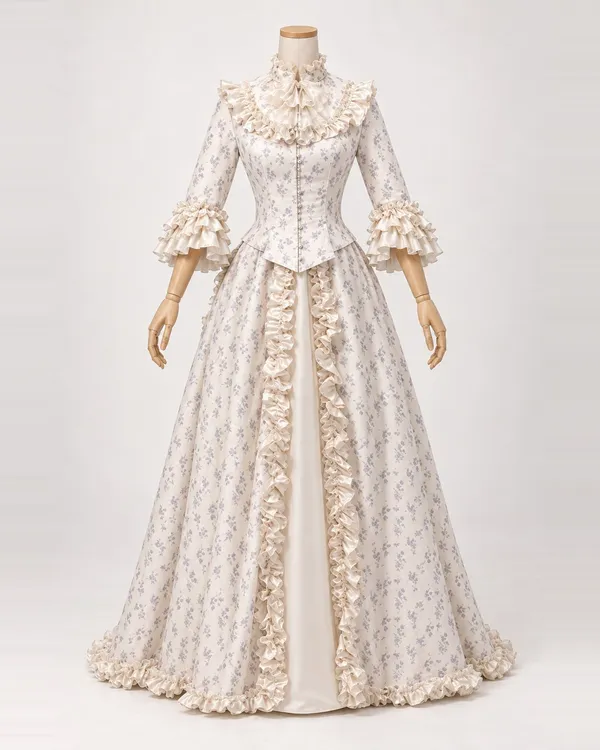Lilas Héritage — Cream Floral-Sprig Gown with Ruffled High Neck and Cuffs
