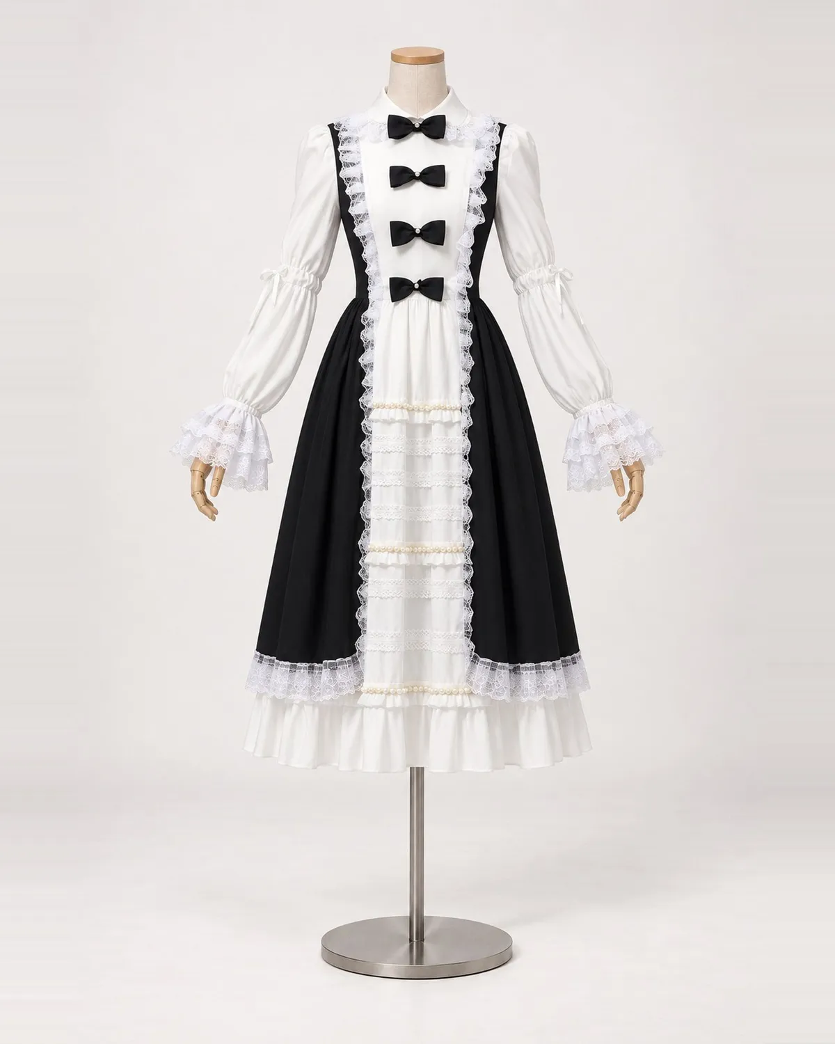 Colombine Classique — Black and White Bow-Front Tea-Length Dress — shown on a mannequin, front product view
