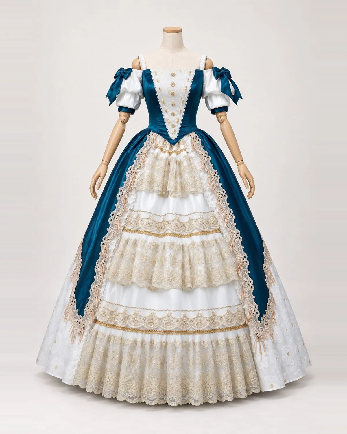 Éloïse Marine — White and Deep Blue Gown with Gold Lace Tiers — shown on a mannequin, front product view
