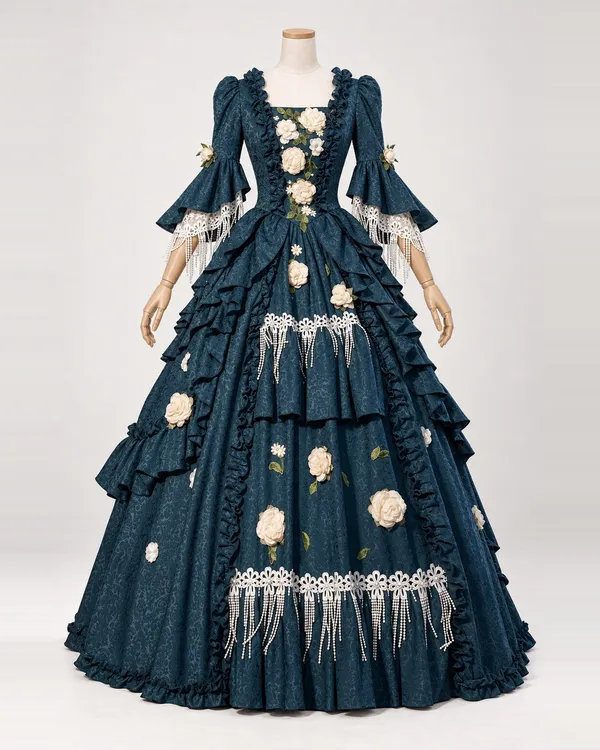 Roseraie Crépuscule — Deep Blue Patterned Gown with Ivory Roses and Fringe