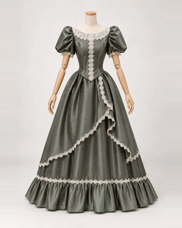 Saule Discret — Grey-Green Satin-Look Gown with Asymmetric Lace Edging