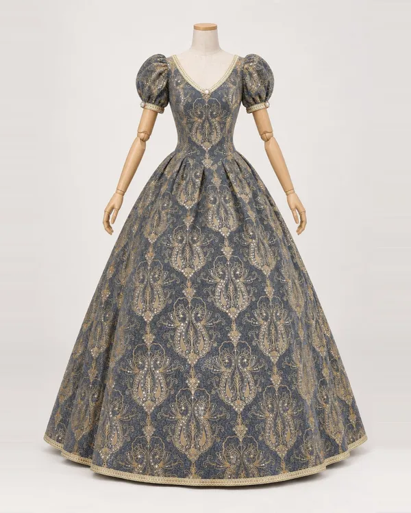 Arabesque Ardoise — Slate Blue Scroll-Patterned Ball Gown