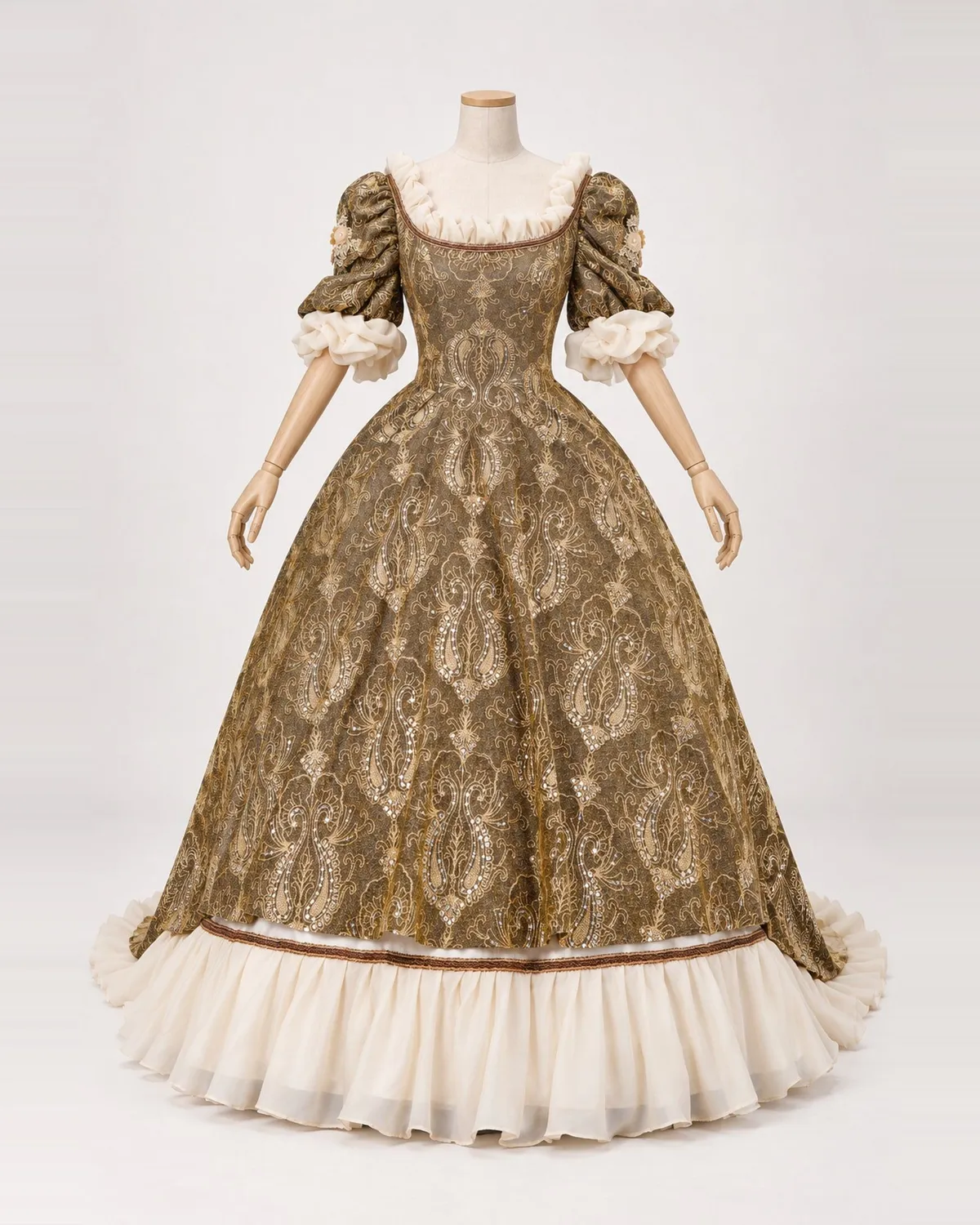 Doré Antique bronze damask ball gown on a mannequin, front product view