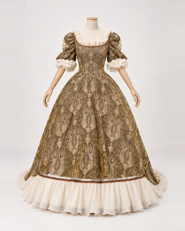 Doré Antique — Bronze Damask Ball Gown with Cream Ruffles