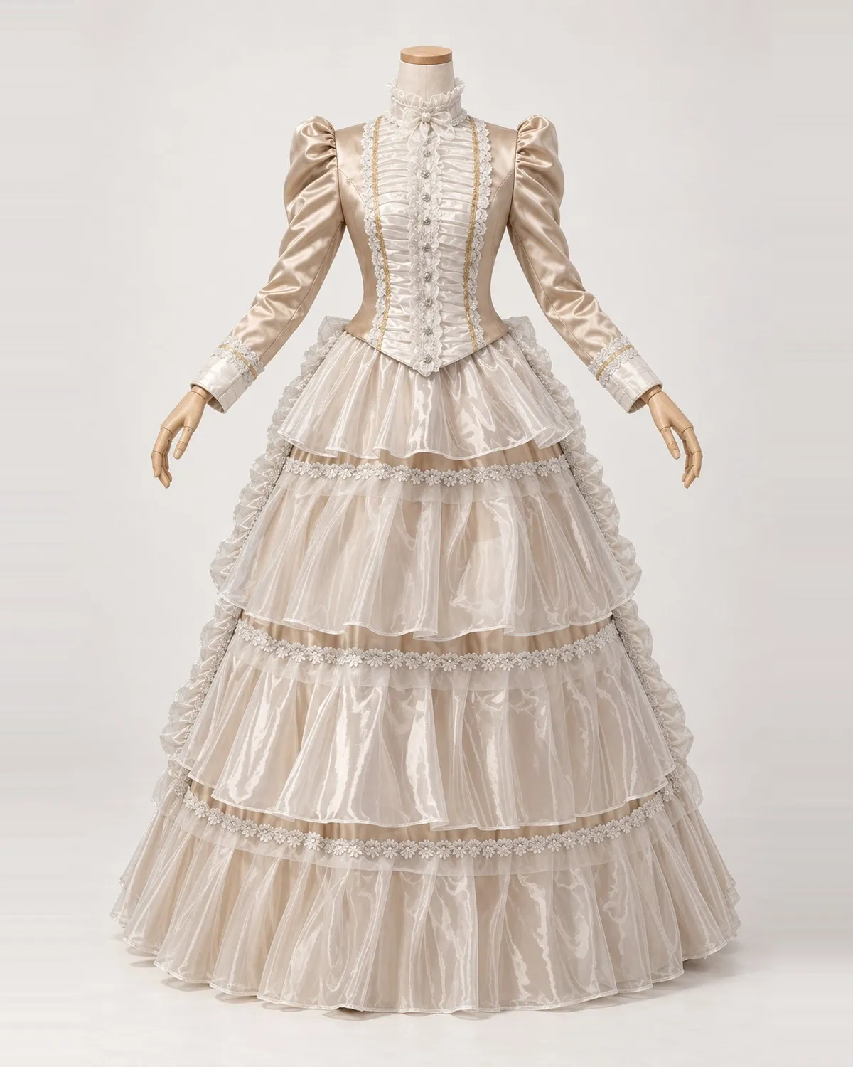 Sonate Nacrée — Champagne Satin-Look Gown with Sheer Tiered Skirt — shown on a mannequin, front product view