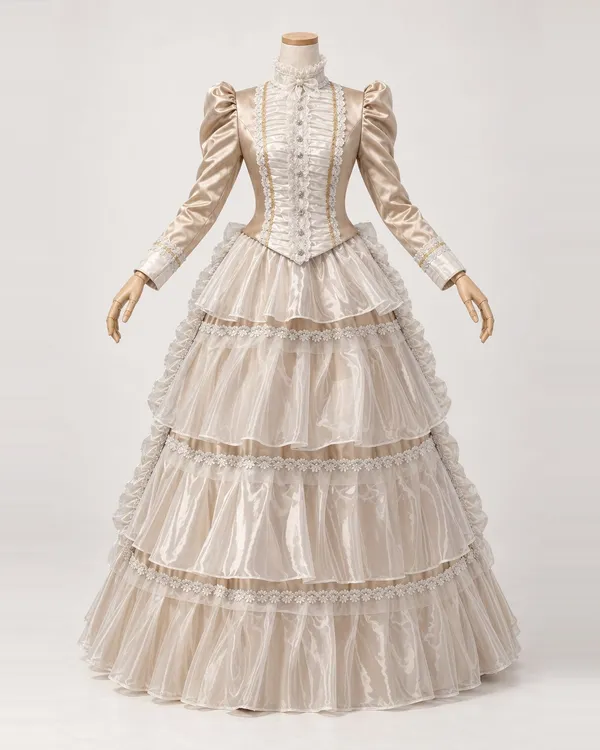 Sonate Nacrée — Champagne Satin-Look Gown with Sheer Tiered Skirt