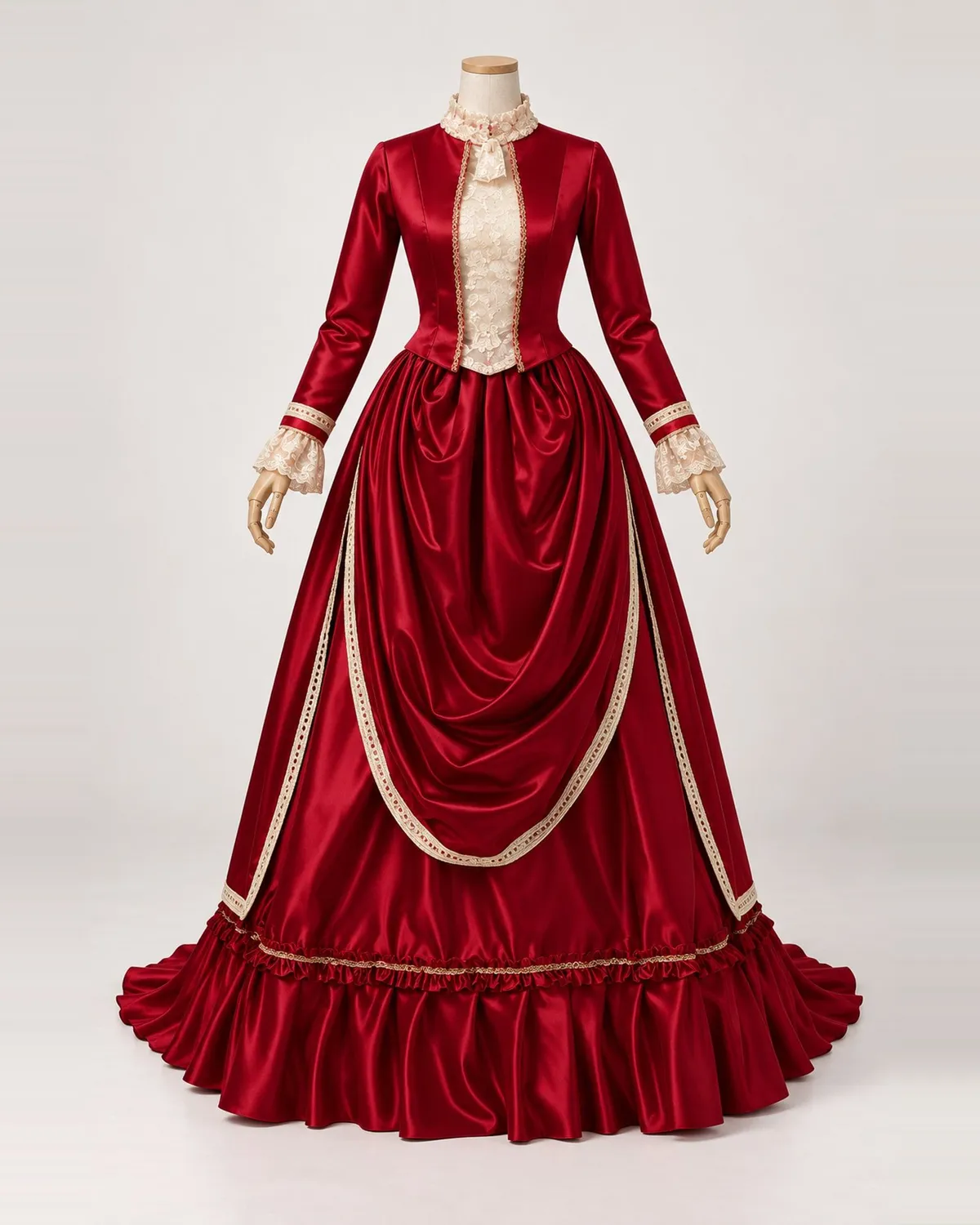 Mémoire Écarlate — Red Satin-Look Gown with Cream Lace and Front Swag — shown on a mannequin, front product view