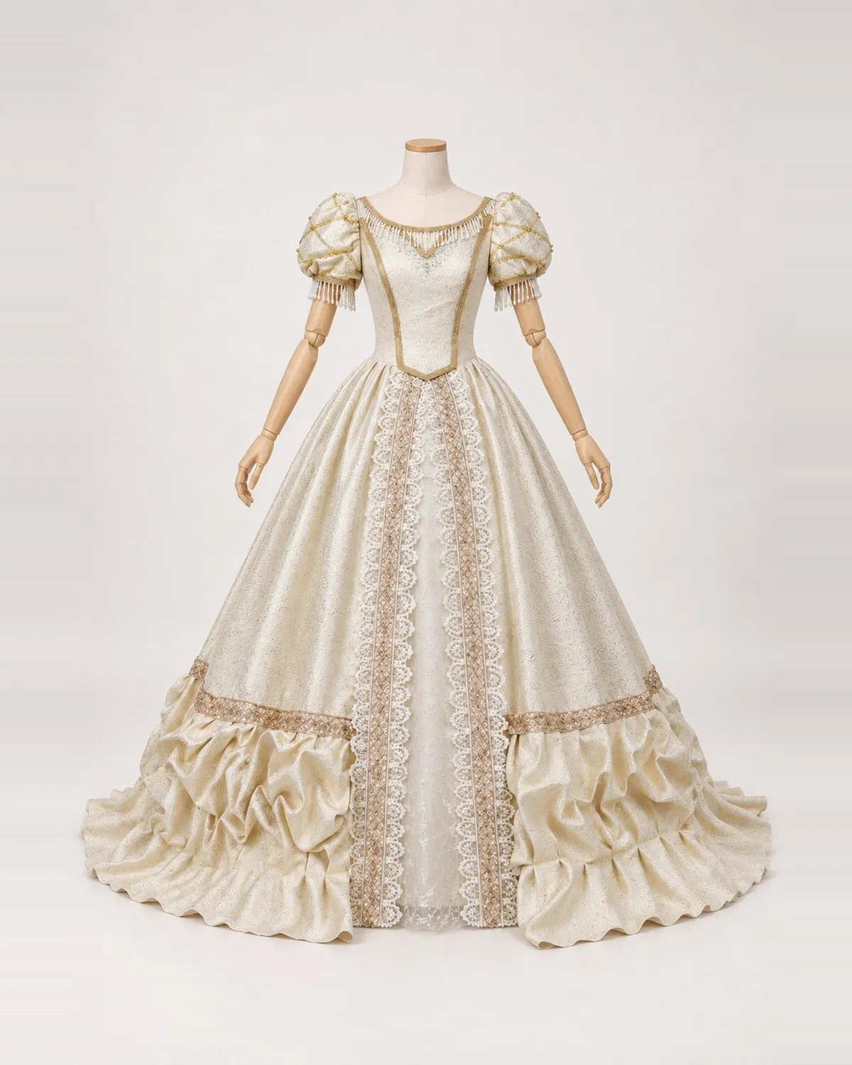 Arabesque Dorée — Champagne Jacquard Gown with Lattice Puff Sleeves — shown on a mannequin, front product view