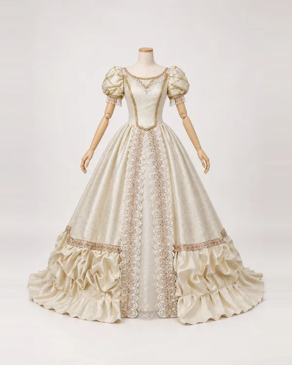 Arabesque Dorée — Champagne Jacquard Gown with Lattice Puff Sleeves