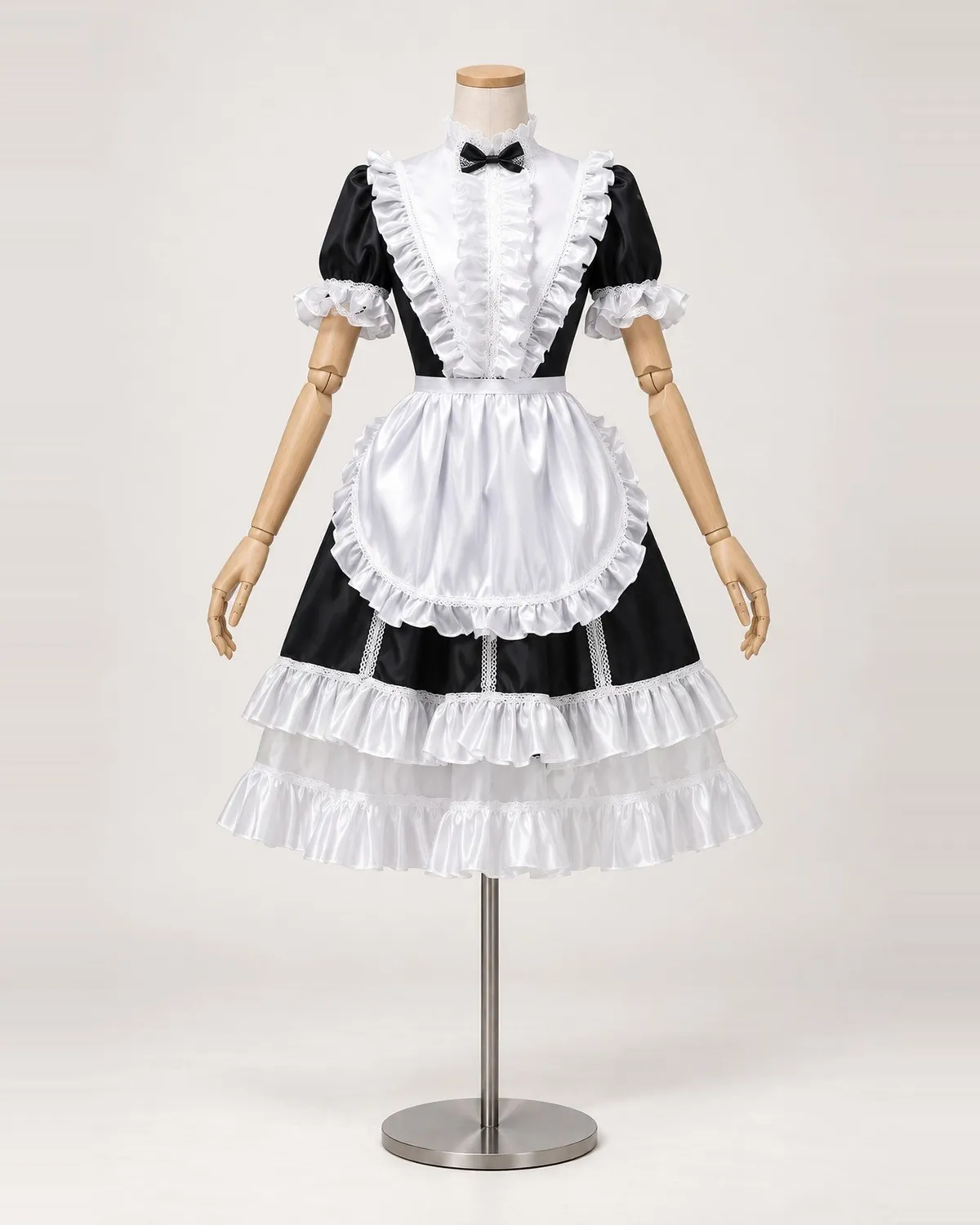 Coquette Bicolore — Black and White Satin-Look Midi Dress with Ruffled Bib — shown on a mannequin, front product view