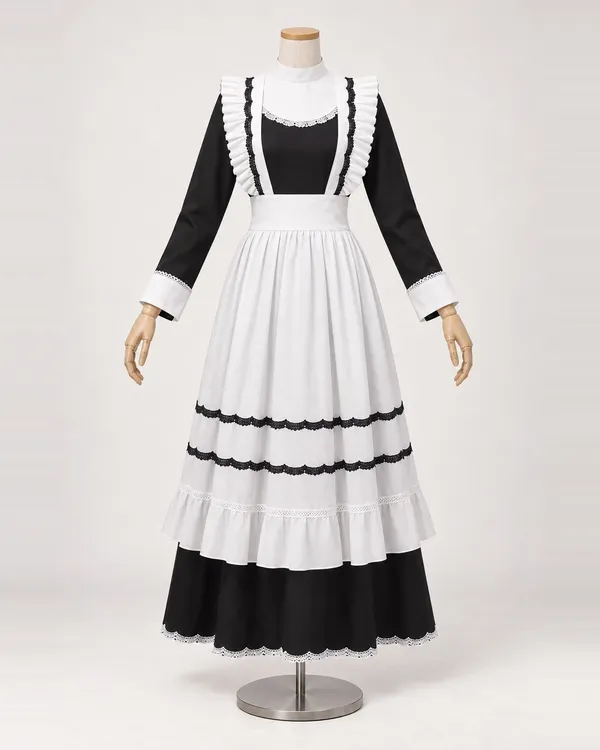 Blanche Cadence — Black and White Lace-Trimmed Apron Dress