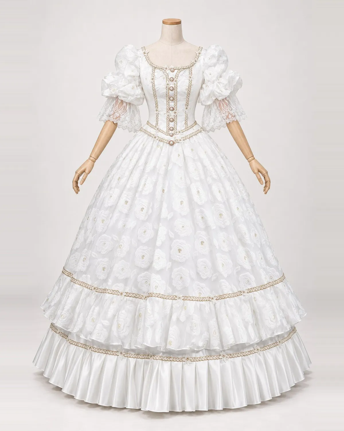 Solène Albâtre — White Floral Ball Gown with Gold Braid — shown on a mannequin, front product view