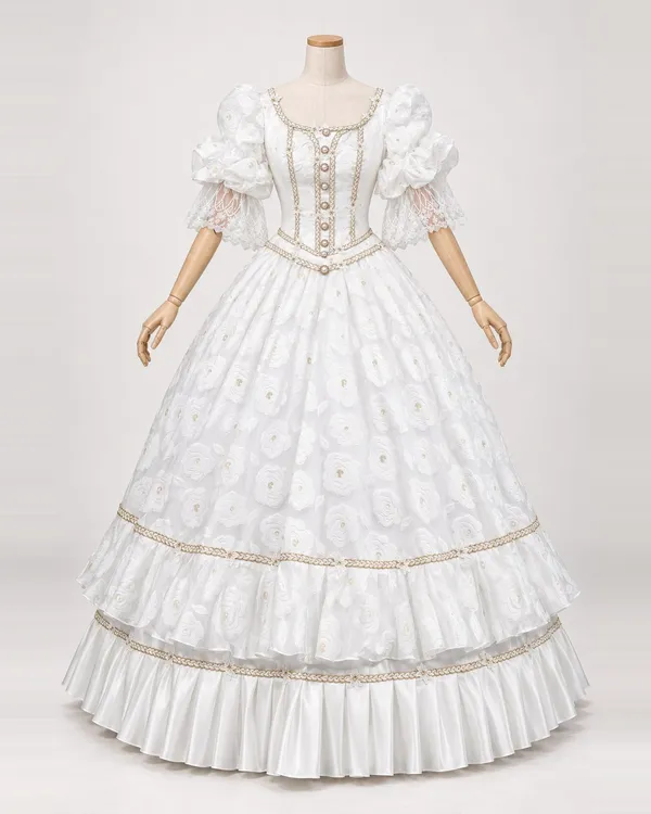 Solène Albâtre — White Floral Ball Gown with Gold Braid