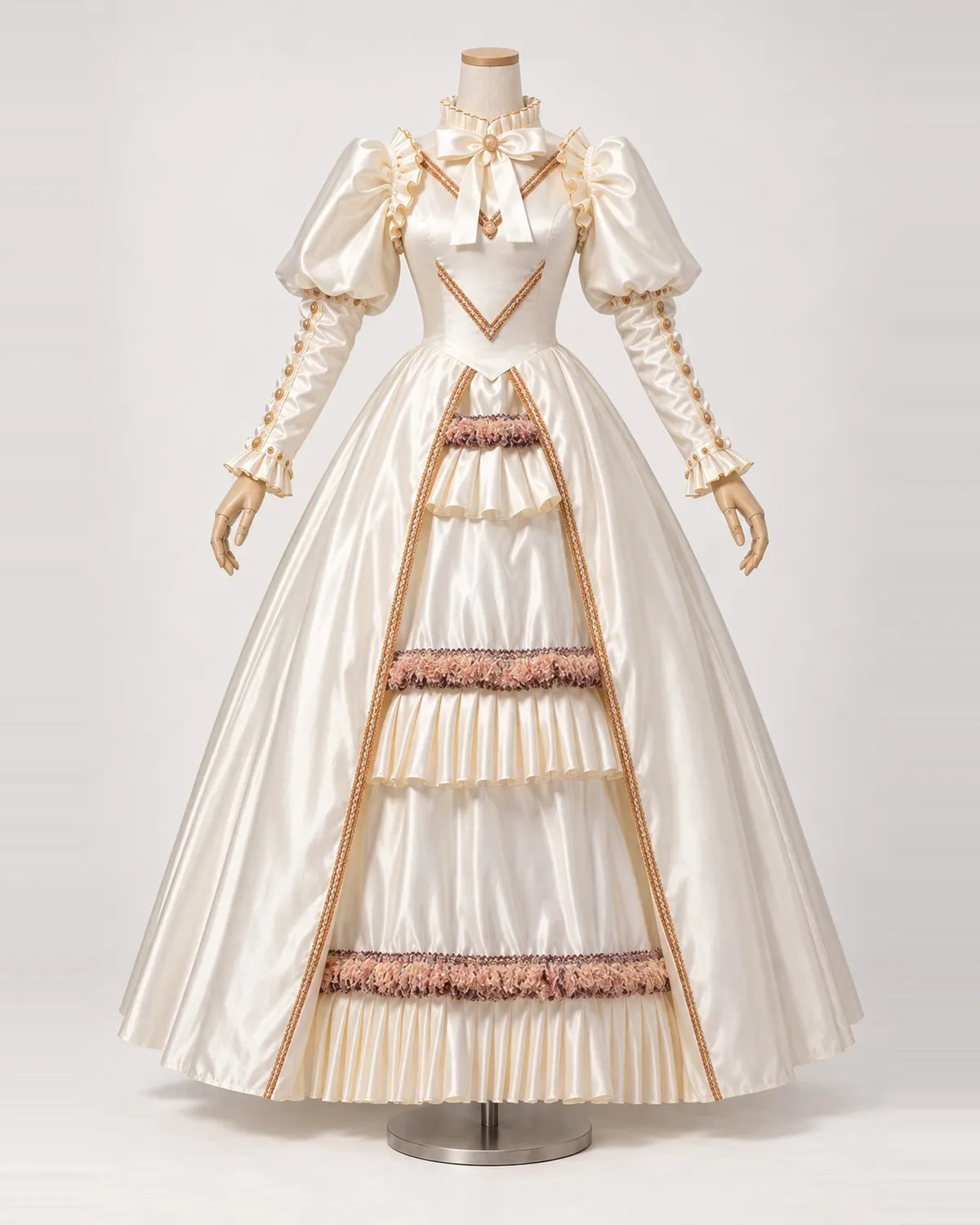 Opaline Dorée — Ivory Satin-Look Gown with Gold Chevrons and Front Tiers — shown on a mannequin, front product view
