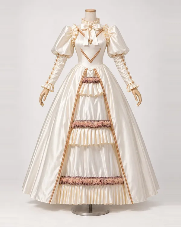 Opaline Dorée — Ivory Satin-Look Gown with Gold Chevrons and Front Tiers