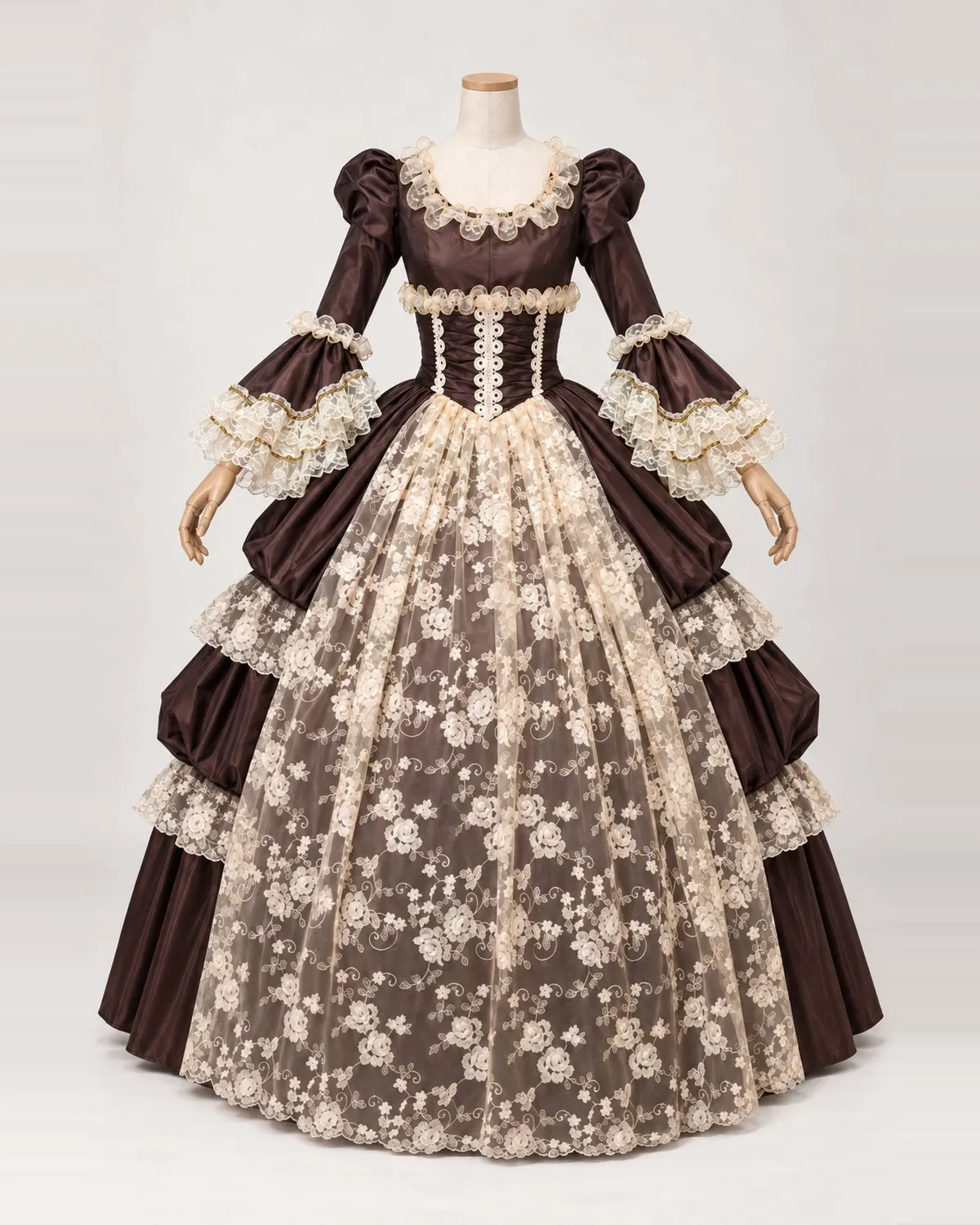Chocolat Dentelle — Chocolate Brown Gown with Cream Floral Lace — shown on a mannequin, front product view