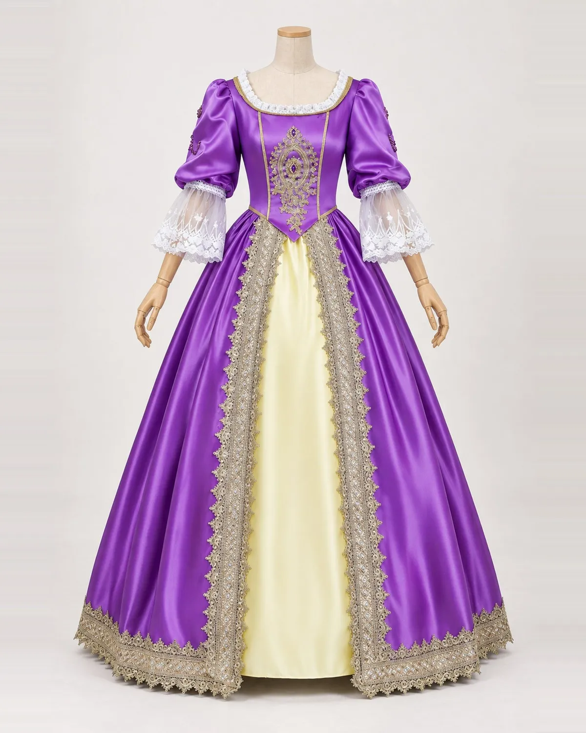 Améthyste Précieuse — Purple Satin-Look Gown with Gold Medallion Trim — shown on a mannequin, front product view