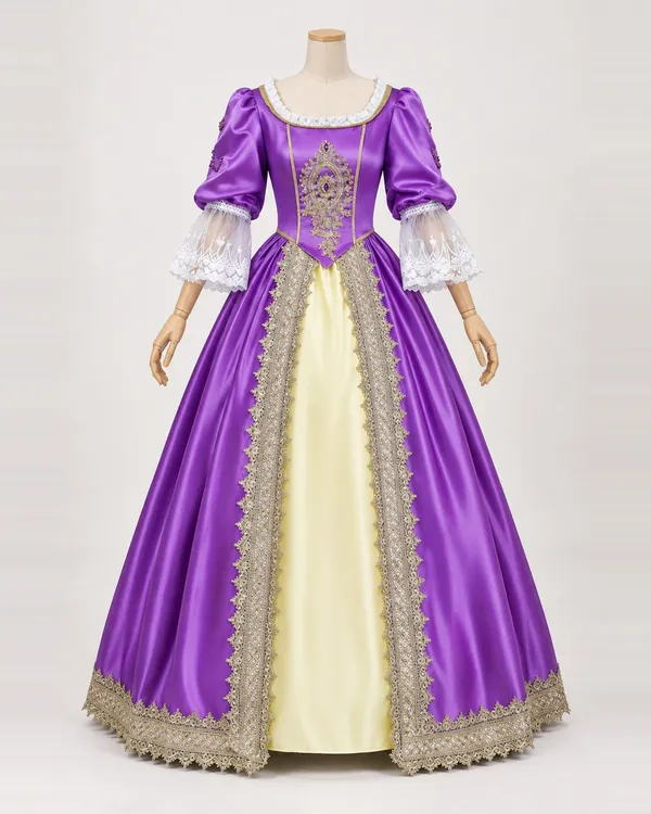 Améthyste Précieuse — Purple Satin-Look Gown with Gold Medallion Trim