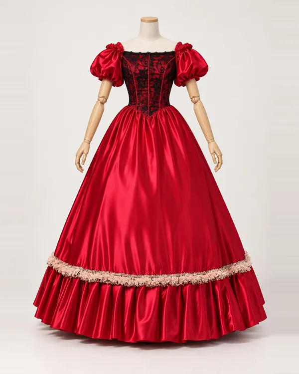 Carmin Envoûtant — Red Satin-Look Ball Gown with Black Floral Bodice