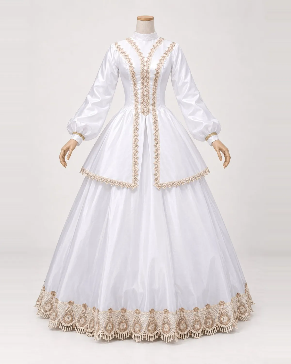 Lys Solennel — White Satin-Look Gown with Gold-Tone Lace and Peplum — shown on a mannequin, front product view