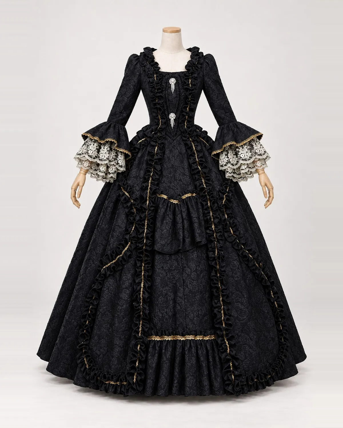 Ombre Baroque — Black Floral Jacquard Gown with Ivory Lace Cuffs — shown on a mannequin, front product view