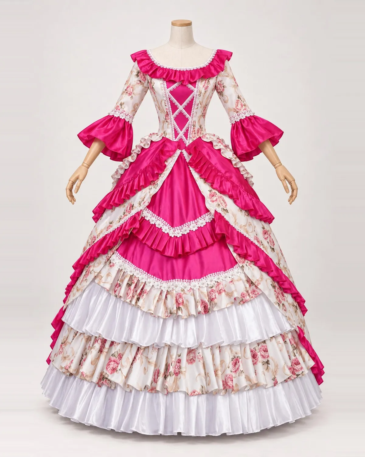 Framboise Galante — Bright Pink Satin-Look Gown with Floral Ruffle Tiers — shown on a mannequin, front product view