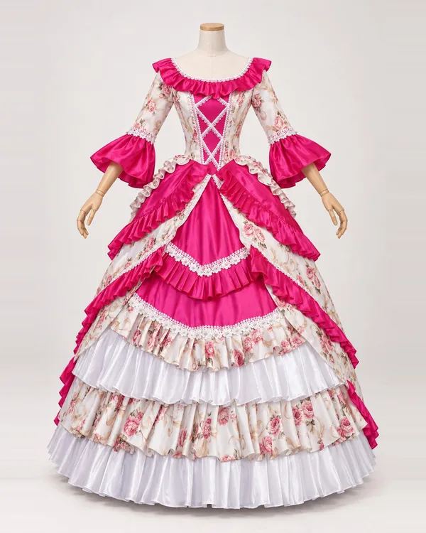 Framboise Galante — Bright Pink Satin-Look Gown with Floral Ruffle Tiers