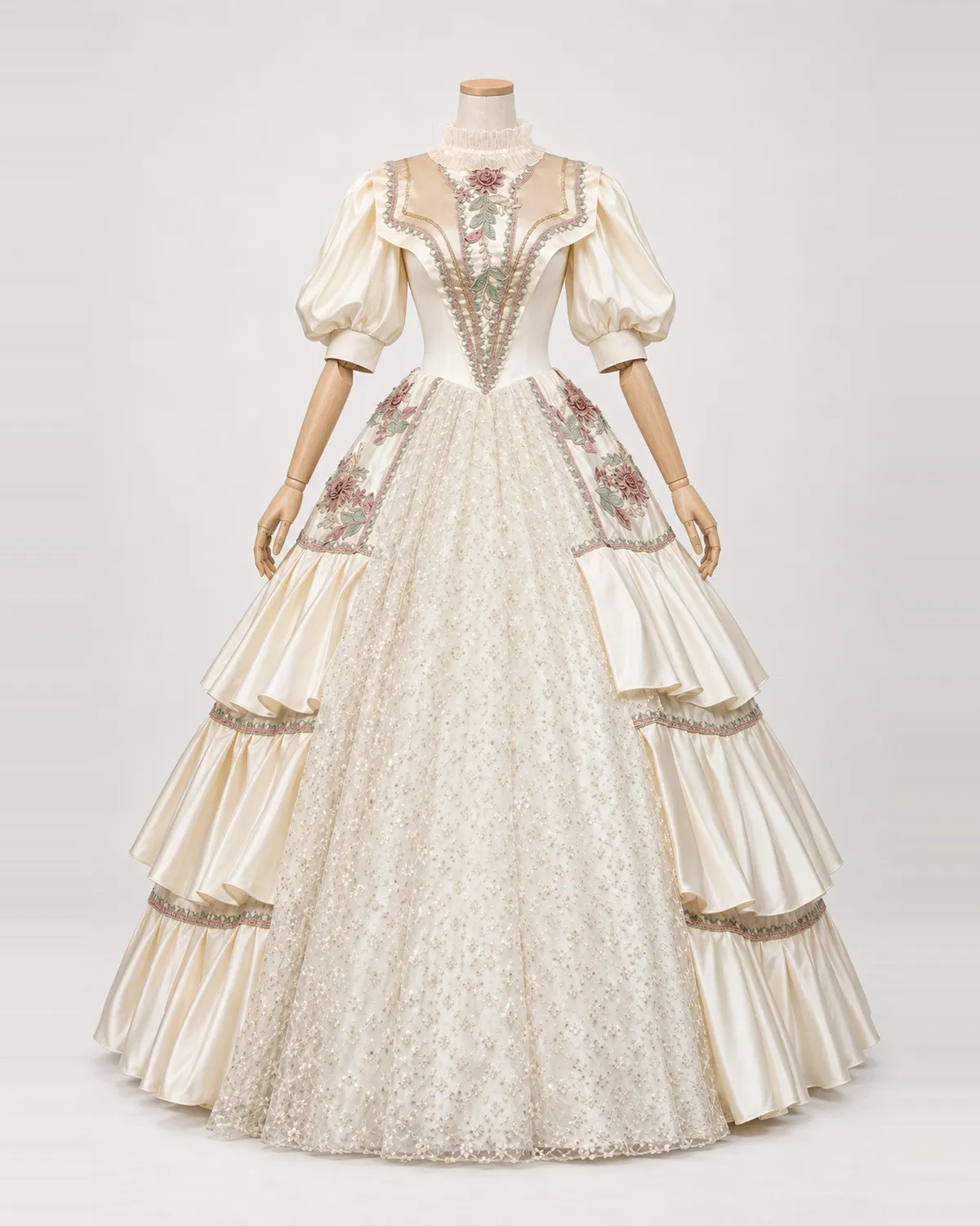 Camille Treillage — Cream Gown with Floral Trim and Lattice Lace Front — shown on a mannequin, front product view